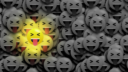 Funny bright emoji on little blur black and white dark funny emoji. Concept showing fun is life.