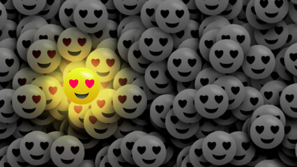 Bright love emoji isolated on little blur other black and white love emoji. Concept showing true love each other.