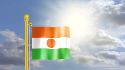 Niger flag waving on wind in blue sky and  front of bright sun light.