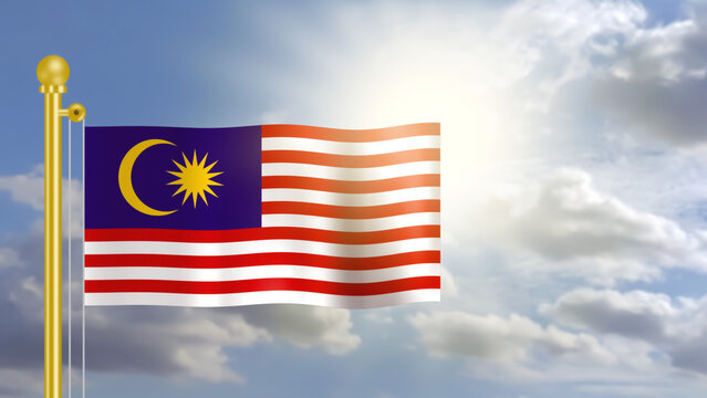 malaysia flag waving on wind in blue sky and  front of bright sun light.