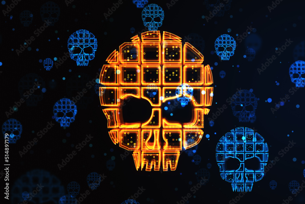 Aufkleber Hacking attack and cyber security concept with glowing digital human skull on abstract dark technological background. 3D rendering