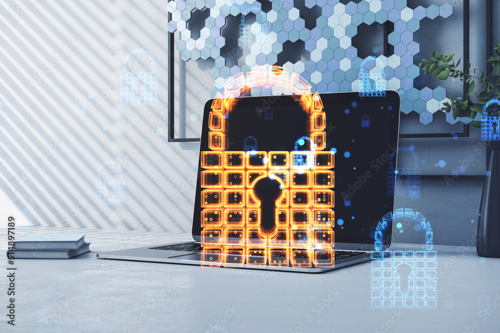 Poster network security and data safety concept with digital glowing lock with keyhole sign on modern lapto