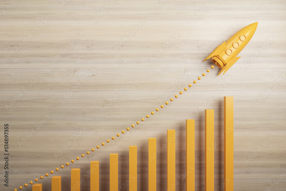 Poster Abstract orange chart rocket taking off on wooden wall background with mock up place for your advertisement. Start up and financial growth concept. 3D Rendering.