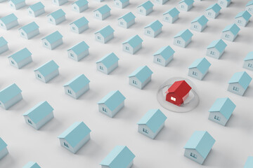 Fototapeta na wymiar Real estate and property insurance concept with red house layout protected by a transparent capsule among blue houses on white background. 3D rendering