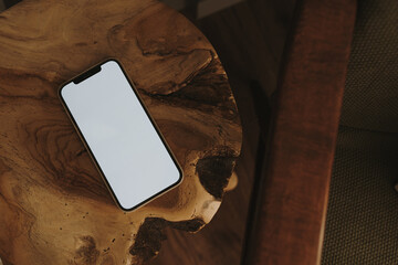 Flatlay phone on wooden textured surface. Aesthetic elegant blog, social media, web template