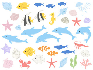 イルカと熱帯魚と色々な海の生き物のイラストセット