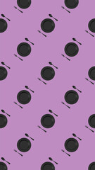 pattern. kitchen utensils on a pastel fiolet purpur background. fork, spoon, plate. Template for surface application. Flat lay. Vertical image. 3D image. 3D rendering.