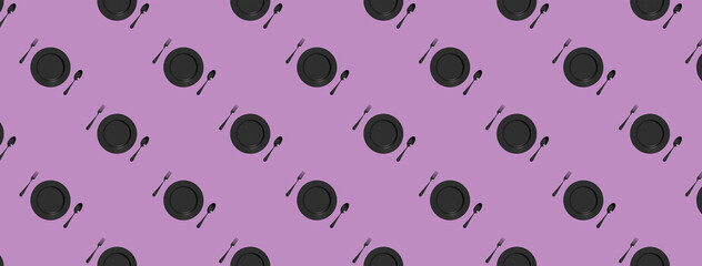 pattern. kitchen utensils on a pastel fiolet purpur background. fork, spoon, plate. Template for surface application. Flat lay. Banner for insertion into site. 3D image. 3D rendering.