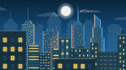Naklejka premium Night city landscape. Vector illustration cityscape. Game background.