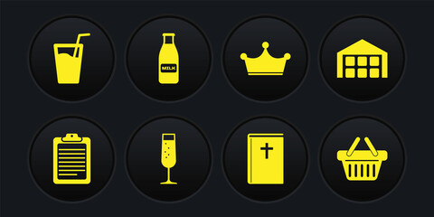 Set Clipboard with document, Warehouse, Glass of champagne, Holy bible book, Crown and bottle milk and cap icon. Vector