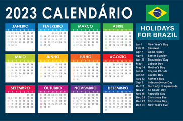 2023 Calendar Vector, brazilian version With Holidays