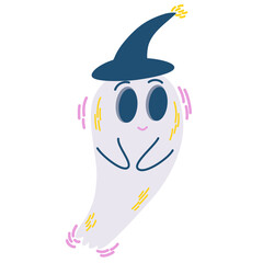 Ghost. Cute kind ghost in a hat. Children's creepy character book for kids. A magical scary spirit. Perfect for Halloween, holiday design and printing. Vector hand draw illustration isolated