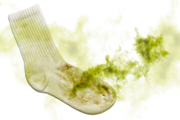 Smelly dirty sock on white background