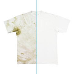 Comparison of white t-shirt before and after using laundry detergent or bleach
