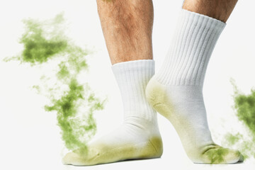 Male feet with smelly dirty socks - obrazy, fototapety, plakaty