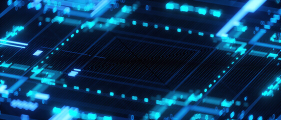 3D rendering of cyberpunk AI. Circuit board. Technology background. Central Computer Processors CPU and GPU concept. Motherboard digital chip. Tech science background.