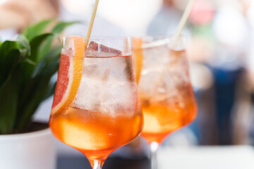 Two glasses with Spritz Veneziano cocktail on table