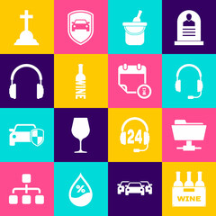 Set Bottles of wine in box, FTP folder, Headphones with microphone, bucket, and icon. Vector