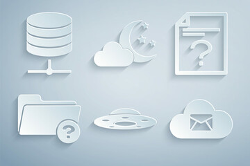 Set UFO flying spaceship, Unknown document, directory, Cloud mail server, with moon and stars and Server, Data, Web Hosting icon. Vector