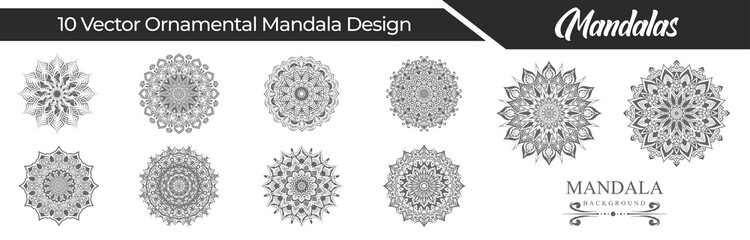 10 Mandala decoration ornament flower oriental line style icon set