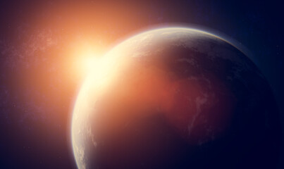 Planet Earth in space, sun rising