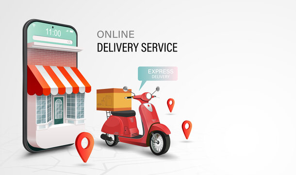 Online delivery service by scooter. Shopping website on a mobile. Food order concept. Web Banner, app template. Vector illustration