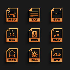 Set WAV file document, DLL, OTF, , MP3 and OBJ icon. Vector