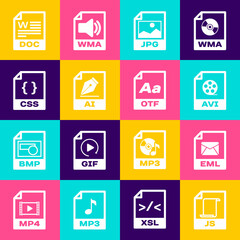 Set JS file document, EML, AVI, JPG, AI and CSS icon. Vector