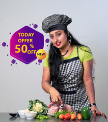 Special offer symbol. Advertising Discounts symbol. young woman chef offering meat and vegitables