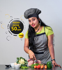 Special offer symbol. Advertising Discounts symbol. young woman chef offering meat and vegitables