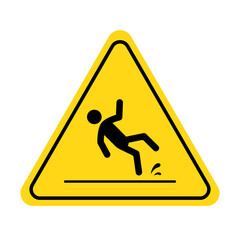 Wet floor icon. Slippery floor caution sign with fall pictogram man. Warning, danger, yellow triangle sign. Vector illustration.