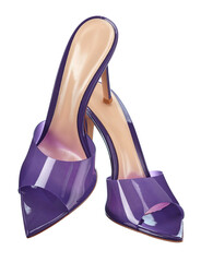 Coquettishly standing beautiful pair of classic open women's high-heeled lilac shoes with a transparent front, isolated on a white background.