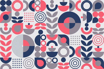 Obraz premium Geometric abstract pattern background, design element with the simple shape of circles, semi-circle, and dot pattern. Mural design. Neo geometric. Vector Illustration.
