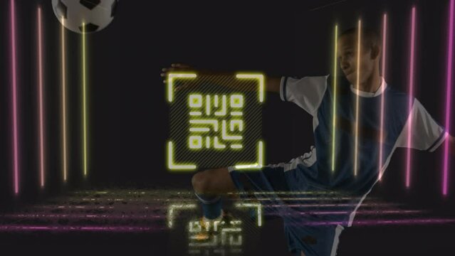 Animation of qr code and neon lines over biracial male soccer player kicking ball