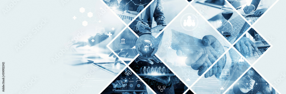 Poster Global business structure of networking. Analysis and data exchange customer connection, HR recruitment and global outsourcing, Customer service, Strategy, Teamwork, Technology and social network