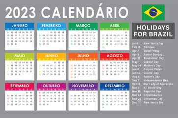 2023 Calendar Vector, brazilian version With Holidays light - obrazy, fototapety, plakaty