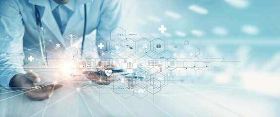 Health care and medical, Medicine doctor use smartphone with stethoscope and icon medical network...