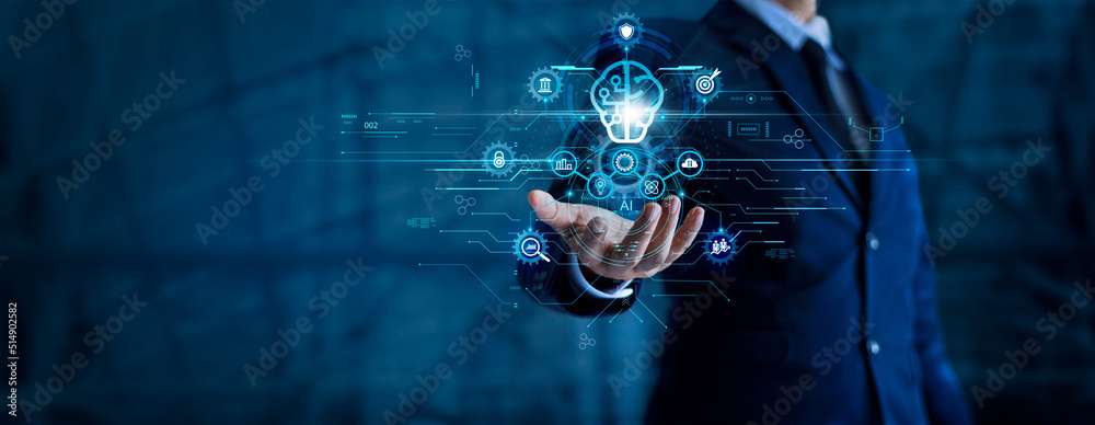 Poster Data science analytics and algorithm of business. Businessman hold data icon and strategy analysis on interface, AI, artificial intelligence, financial and marketing, Digital network and technology