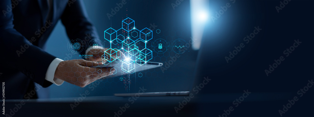 Aufkleber Blockchain technology concept, Businessman use laptop and tablet on blockchain global networking, data network connect, Internet security binary coded. Crypto chain.