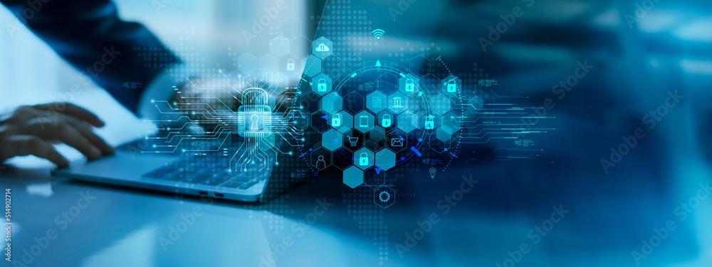 Poster Cyber security and data protection information privacy internet technology. Global network security. Businessman working on laptop with padlock protecting business and financial data.