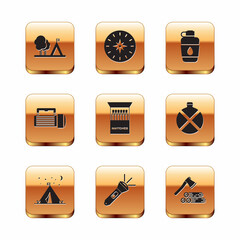 Set Tourist tent with flag, Flashlight, Open matchbox and matches, Canteen water bottle, Wooden axe wood and Compass icon. Vector