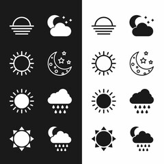 Set Moon and stars, Sun, Sunset, Cloud with moon, rain, and icon. Vector