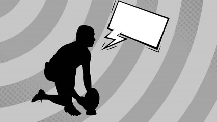 Animation of rugby player silhouette with speech bubble over stripes on grey background - Powered by Adobe