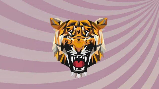 Animation of tiger head icon over stripes on purple background