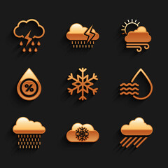 Set Snowflake, Cloud with snow, rain, Water drop percentage, and icon. Vector