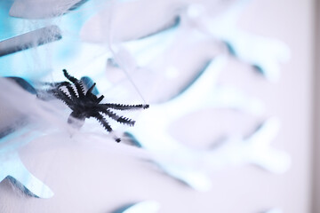 Halloween theme decorated living room. Lifestyle Halloween season family house interior. Traditional Halloween decorations background.