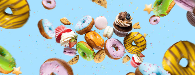 Confectionery as cakes, sweets, dougnuts collage on background. Colorful donuts, cookies, cupcakes,...