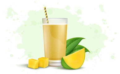 Mango Juice and slices vector illustration with mango leaves