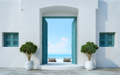 Santorini style gate open to the beach and sea view.3d rendering - obrazy, fototapety, plakaty