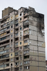 KYIV, UKRAINE - APR 21, 2022: The rooftop and apartments of an apartment building on Poznyaky was destroyed by the Kalibr cruise missile at the 17 march of the full-scale Russian invasion of Ukraine